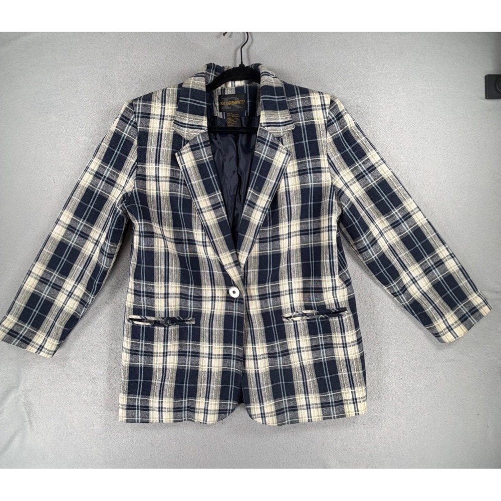 Requirements Women's Size 10 Navy White Plaid Linen Blend Blazer Jacket Preppy
